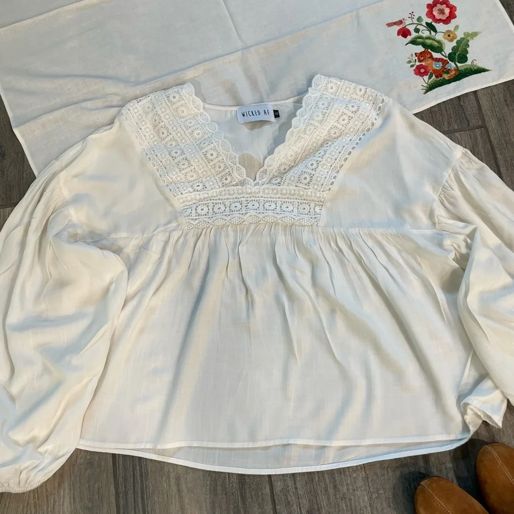 Boho White Crochet Yoke Peasant Top - Picture 9 of 10